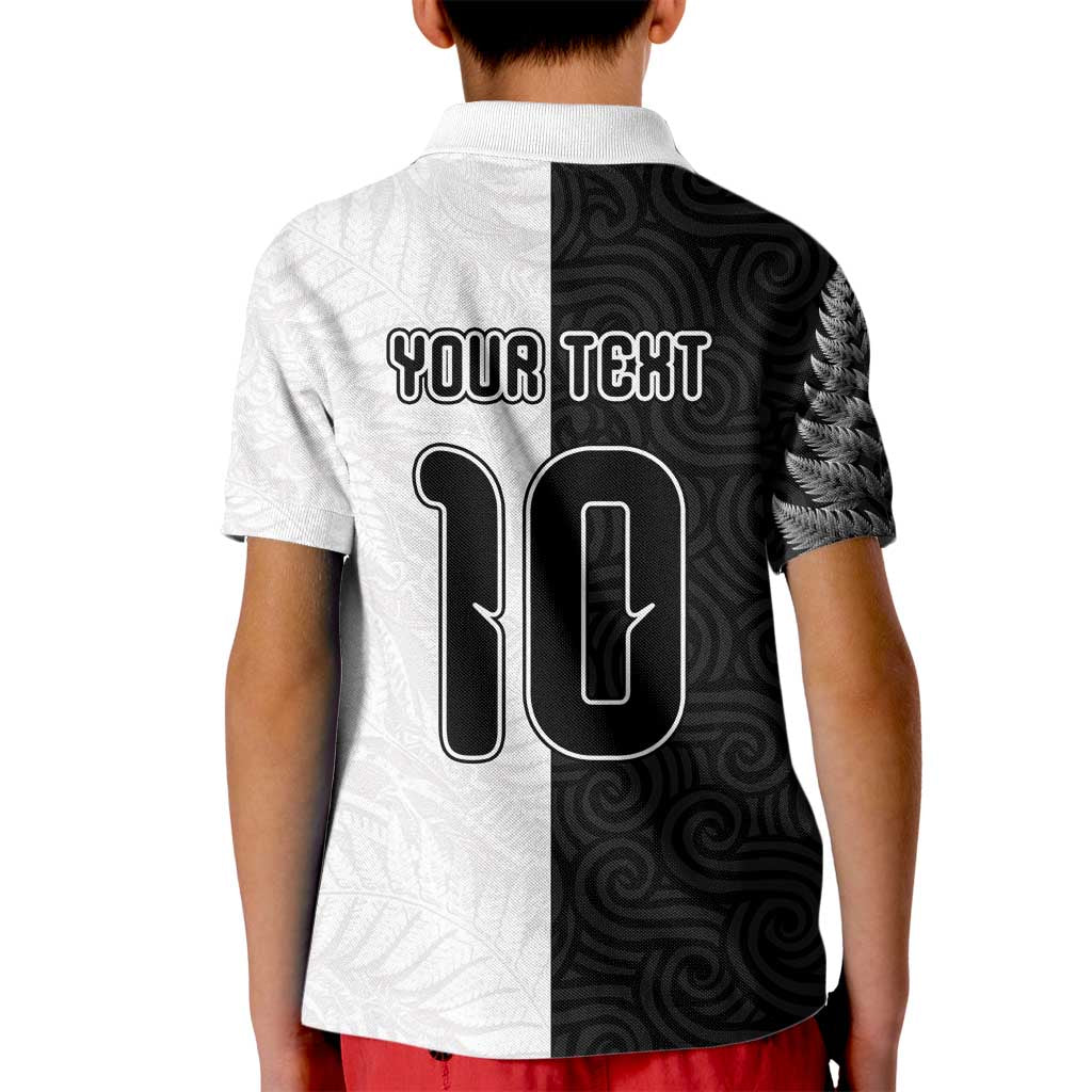 Custom New Zealand Football Kid Polo Shirt Silver Fern and Maori Tribal Black White Half Sporty Style LT03 - Polynesian Pride