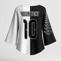 Custom New Zealand Football Kimono Sleeve Blouse Silver Fern and Maori Tribal Black White Half Sporty Style