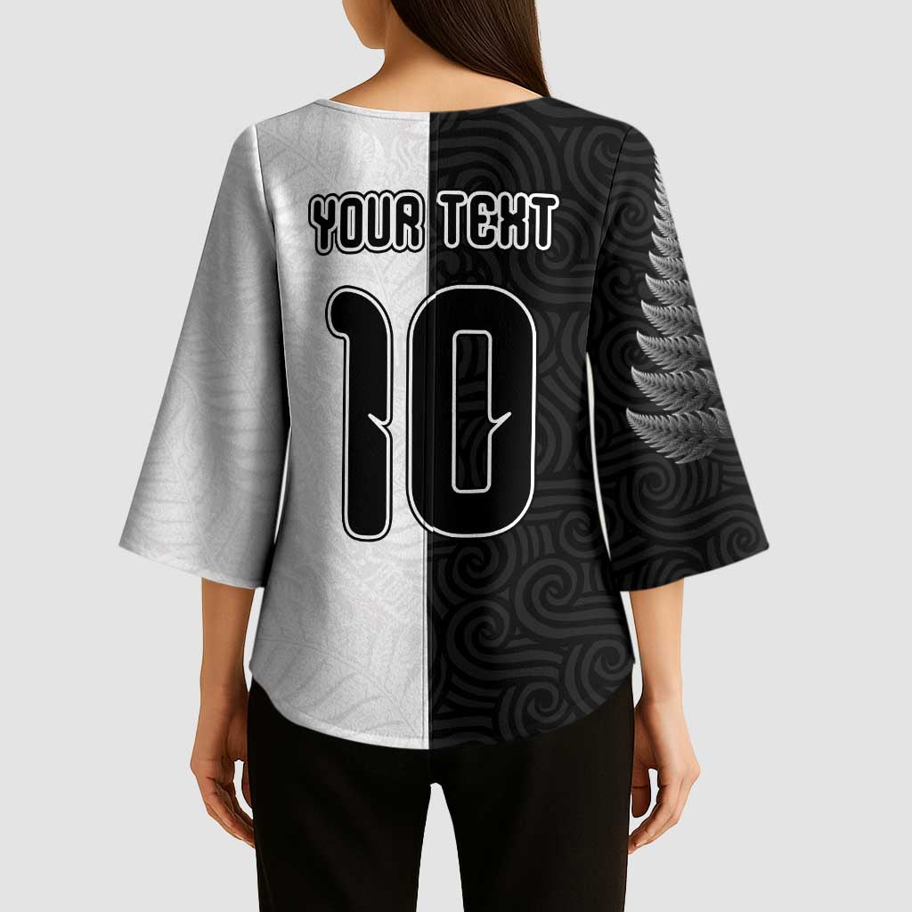 Custom New Zealand Football Kimono Sleeve Blouse Silver Fern and Maori Tribal Black White Half Sporty Style