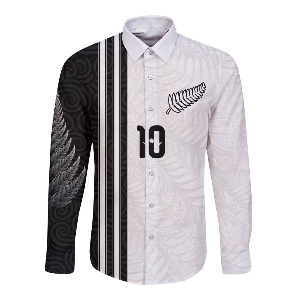 Custom New Zealand Football Long Sleeve Button Shirt Silver Fern and Maori Tribal Black White Half Sporty Style