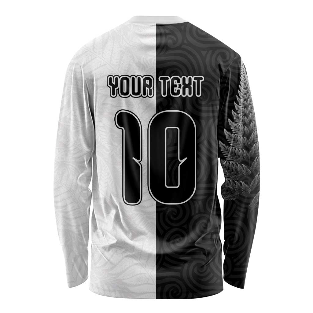 Custom New Zealand Football Long Sleeve Shirt Silver Fern and Maori Tribal Black White Half Sporty Style LT03 - Polynesian Pride