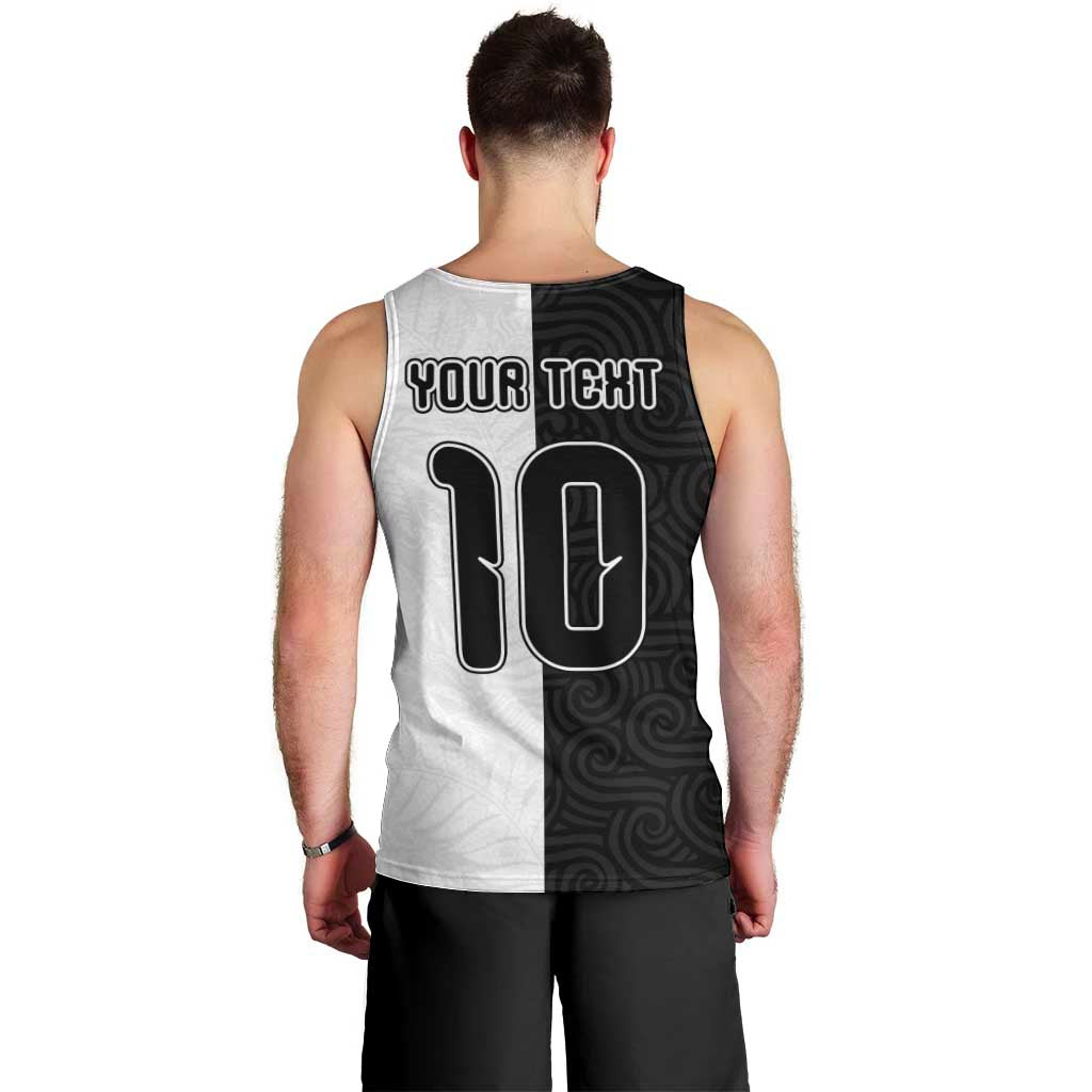 Custom New Zealand Football Men Tank Top Silver Fern and Maori Tribal Black White Half Sporty Style