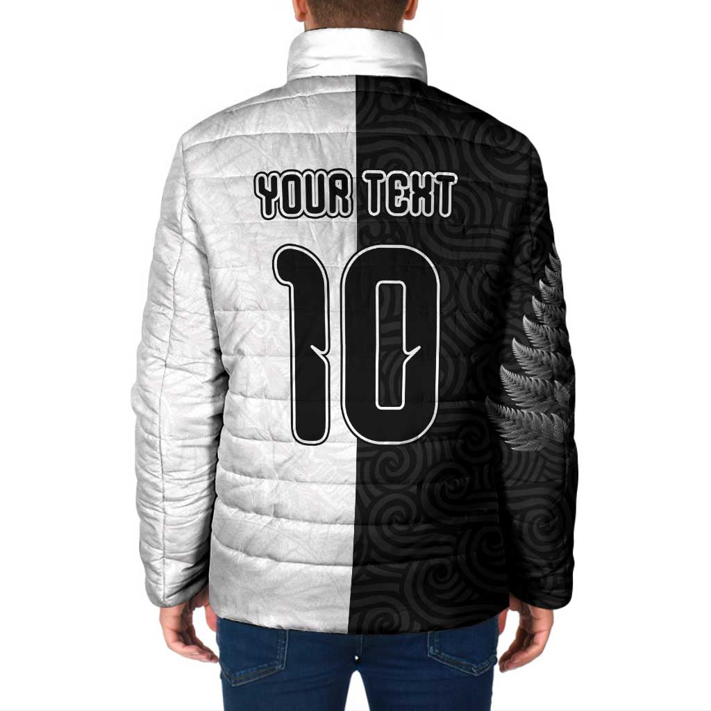 Custom New Zealand Football Padded Jacket Silver Fern and Maori Tribal Black White Half Sporty Style