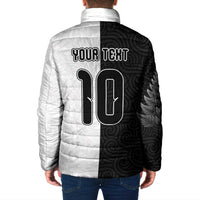 Custom New Zealand Football Padded Jacket Silver Fern and Maori Tribal Black White Half Sporty Style
