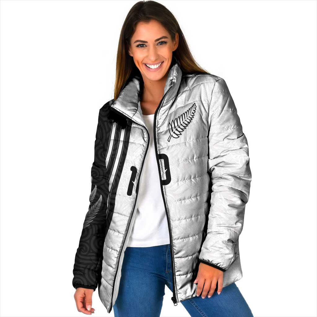 Custom New Zealand Football Padded Jacket Silver Fern and Maori Tribal Black White Half Sporty Style