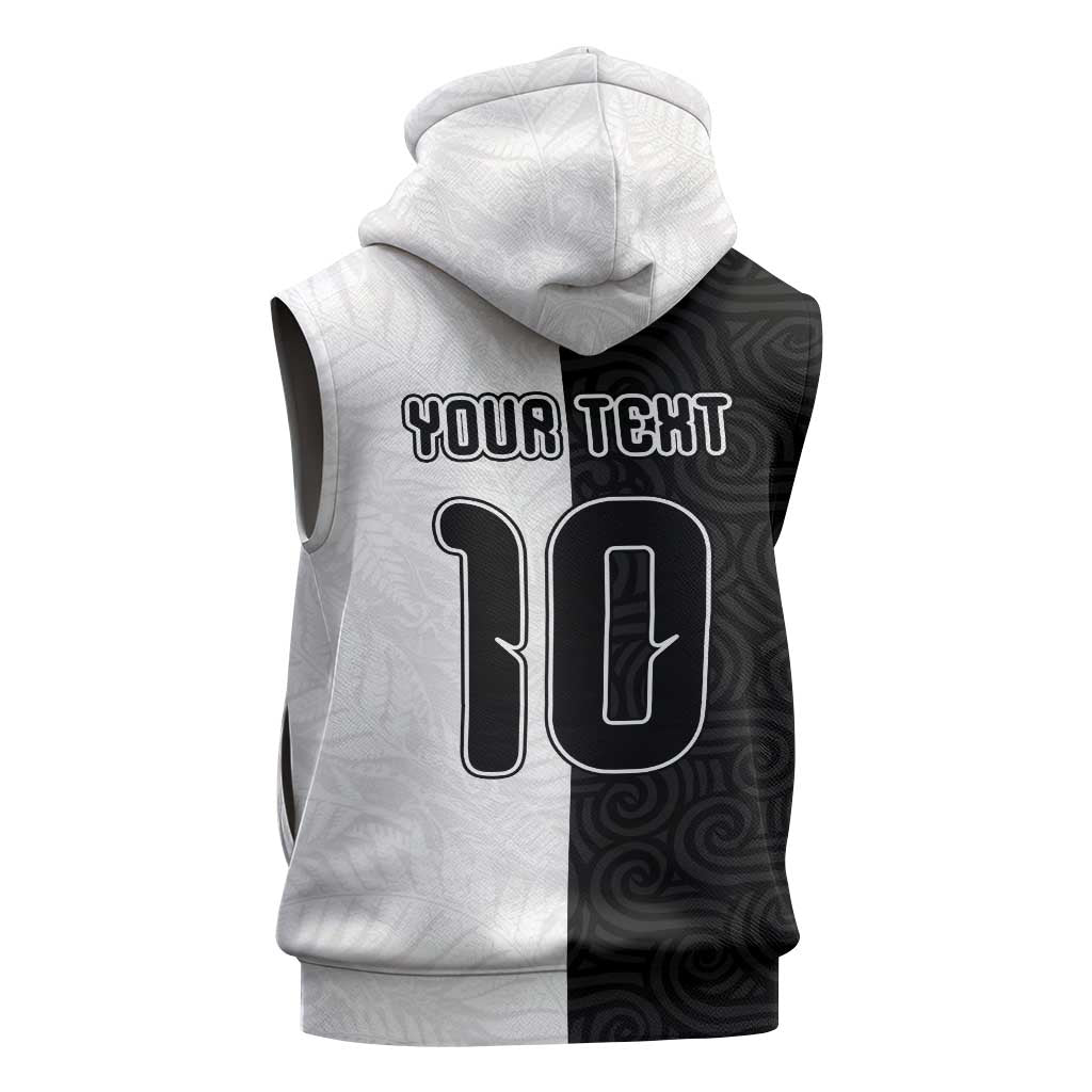 Custom New Zealand Football Sleeveless Zip Hoodie Silver Fern and Maori Tribal Black White Half Sporty Style
