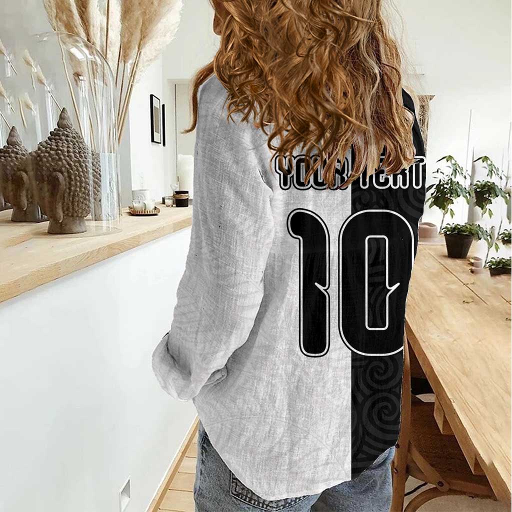 Custom New Zealand Football Women Casual Shirt Silver Fern and Maori Tribal Black White Half Sporty Style