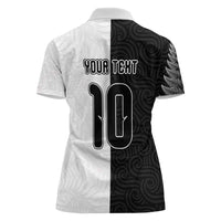 Custom New Zealand Football Women Polo Shirt Silver Fern and Maori Tribal Black White Half Sporty Style