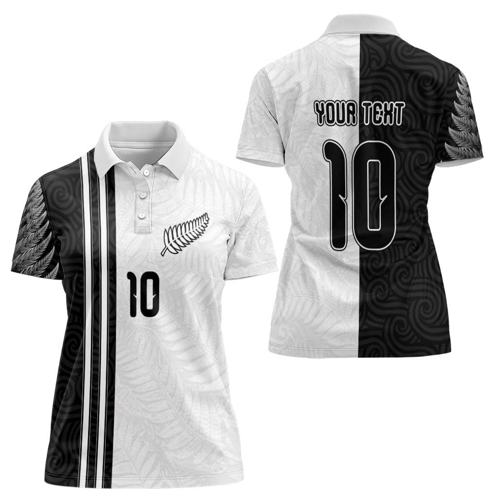 Custom New Zealand Football Women Polo Shirt Silver Fern and Maori Tribal Black White Half Sporty Style