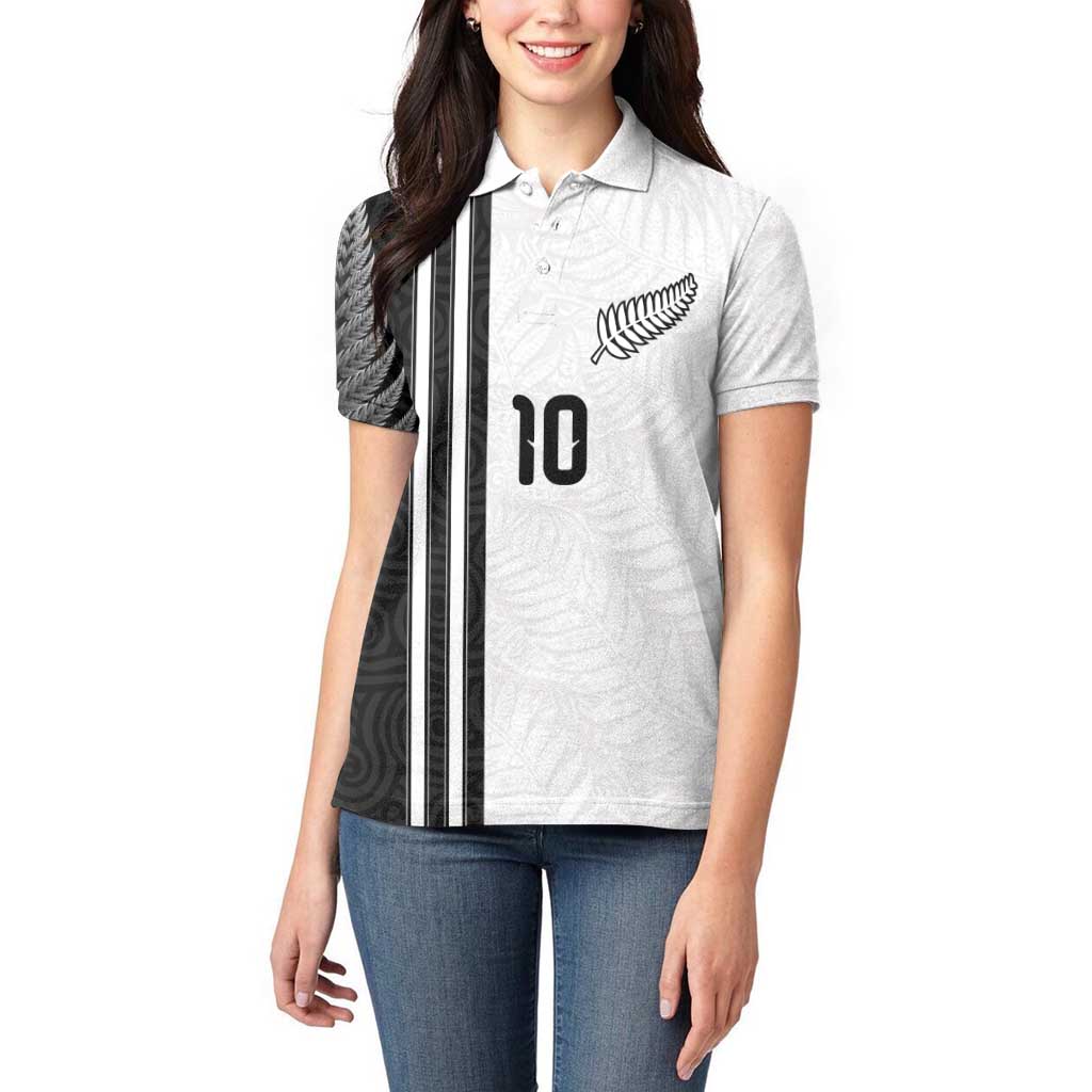 Custom New Zealand Football Women Polo Shirt Silver Fern and Maori Tribal Black White Half Sporty Style