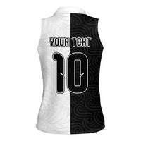 Custom New Zealand Football Women Sleeveless Polo Shirt Silver Fern and Maori Tribal Black White Half Sporty Style LT03 - Polynesian Pride