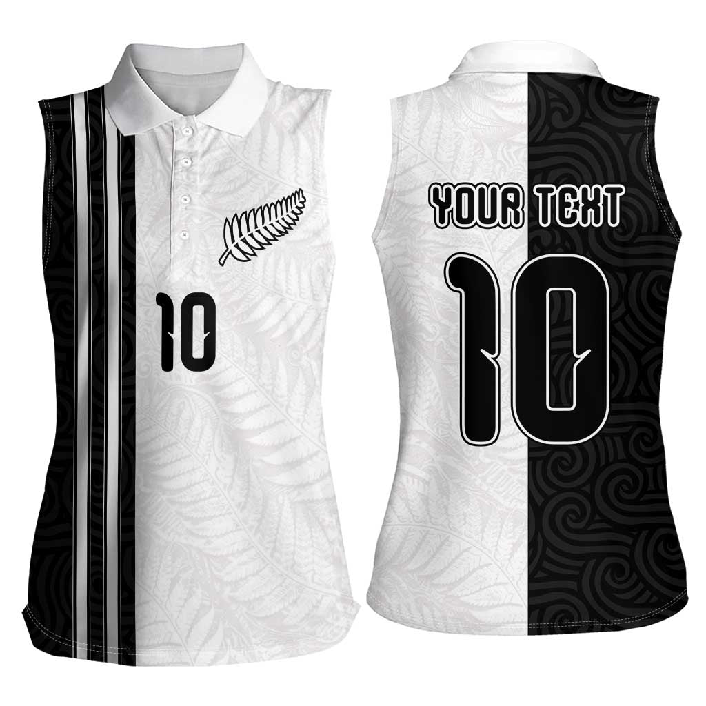 Custom New Zealand Football Women Sleeveless Polo Shirt Silver Fern and Maori Tribal Black White Half Sporty Style LT03 - Polynesian Pride