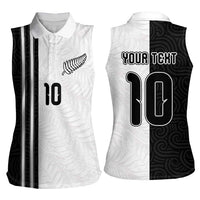 Custom New Zealand Football Women Sleeveless Polo Shirt Silver Fern and Maori Tribal Black White Half Sporty Style LT03 - Polynesian Pride