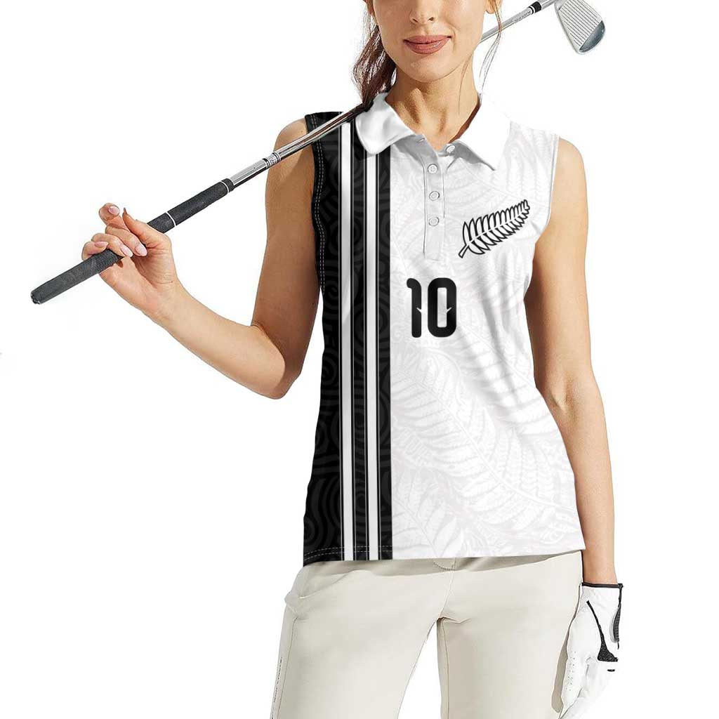 Custom New Zealand Football Women Sleeveless Polo Shirt Silver Fern and Maori Tribal Black White Half Sporty Style LT03 - Polynesian Pride