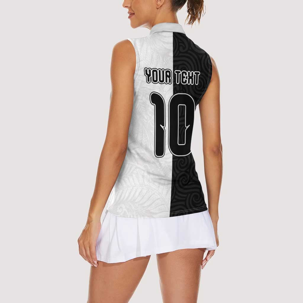 Custom New Zealand Football Women Sleeveless Polo Shirt Silver Fern and Maori Tribal Black White Half Sporty Style LT03 - Polynesian Pride