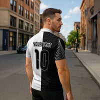 Custom New Zealand Football Zipper Polo Shirt Silver Fern and Maori Tribal Black White Half Sporty Style