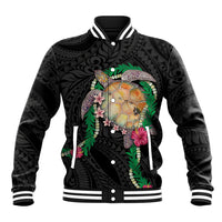Hawaii Pikake and Maile Lei Baseball Jacket Honu Polynesian Pattern Black Color