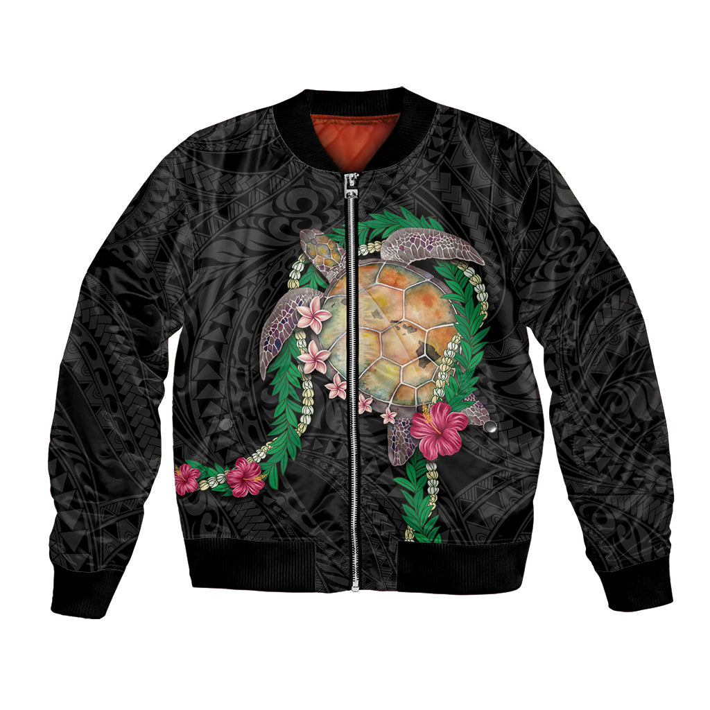 Hawaii Pikake and Maile Lei Bomber Jacket Honu Polynesian Pattern Black Color
