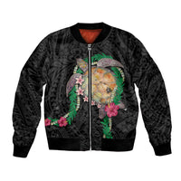 Hawaii Pikake and Maile Lei Bomber Jacket Honu Polynesian Pattern Black Color