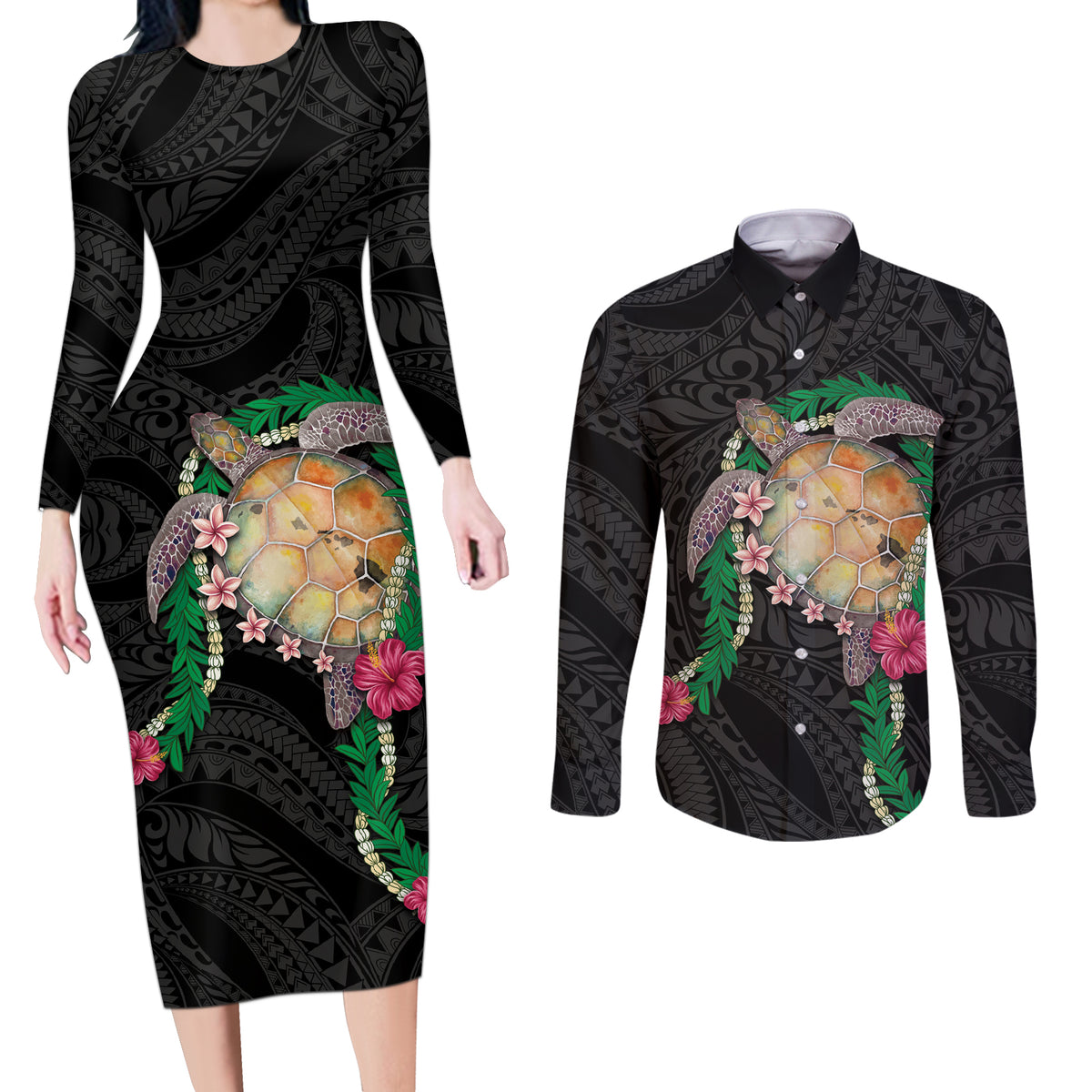 Hawaii Pikake and Maile Lei Couples Matching Long Sleeve Bodycon Dress and Long Sleeve Button Shirt Honu Polynesian Pattern Black Color