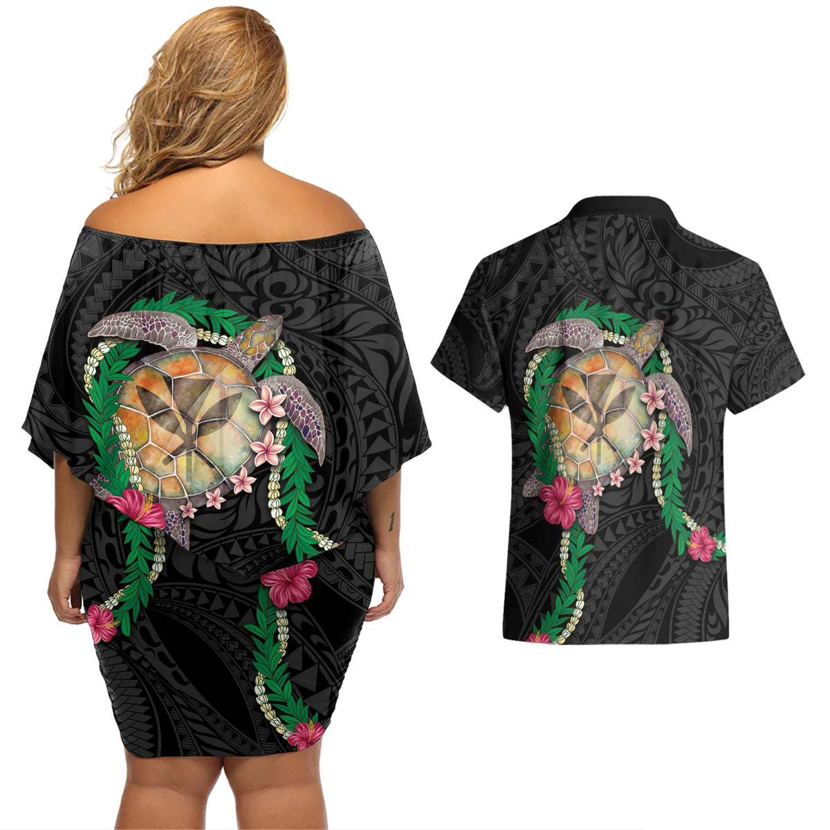Hawaii Pikake and Maile Lei Couples Matching Off Shoulder Short Dress and Hawaiian Shirt Honu Polynesian Pattern Black Color