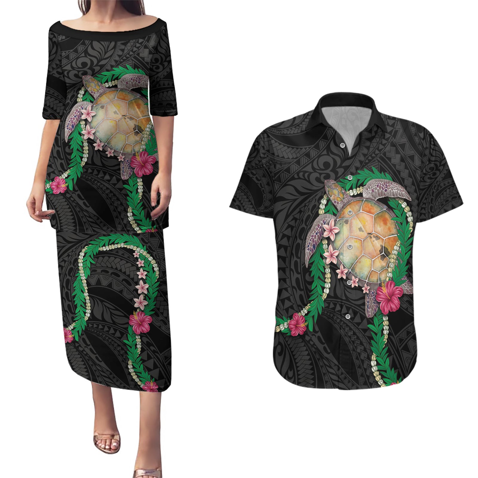 Hawaii Pikake and Maile Lei Couples Matching Puletasi and Hawaiian Shirt Honu Polynesian Pattern Black Color