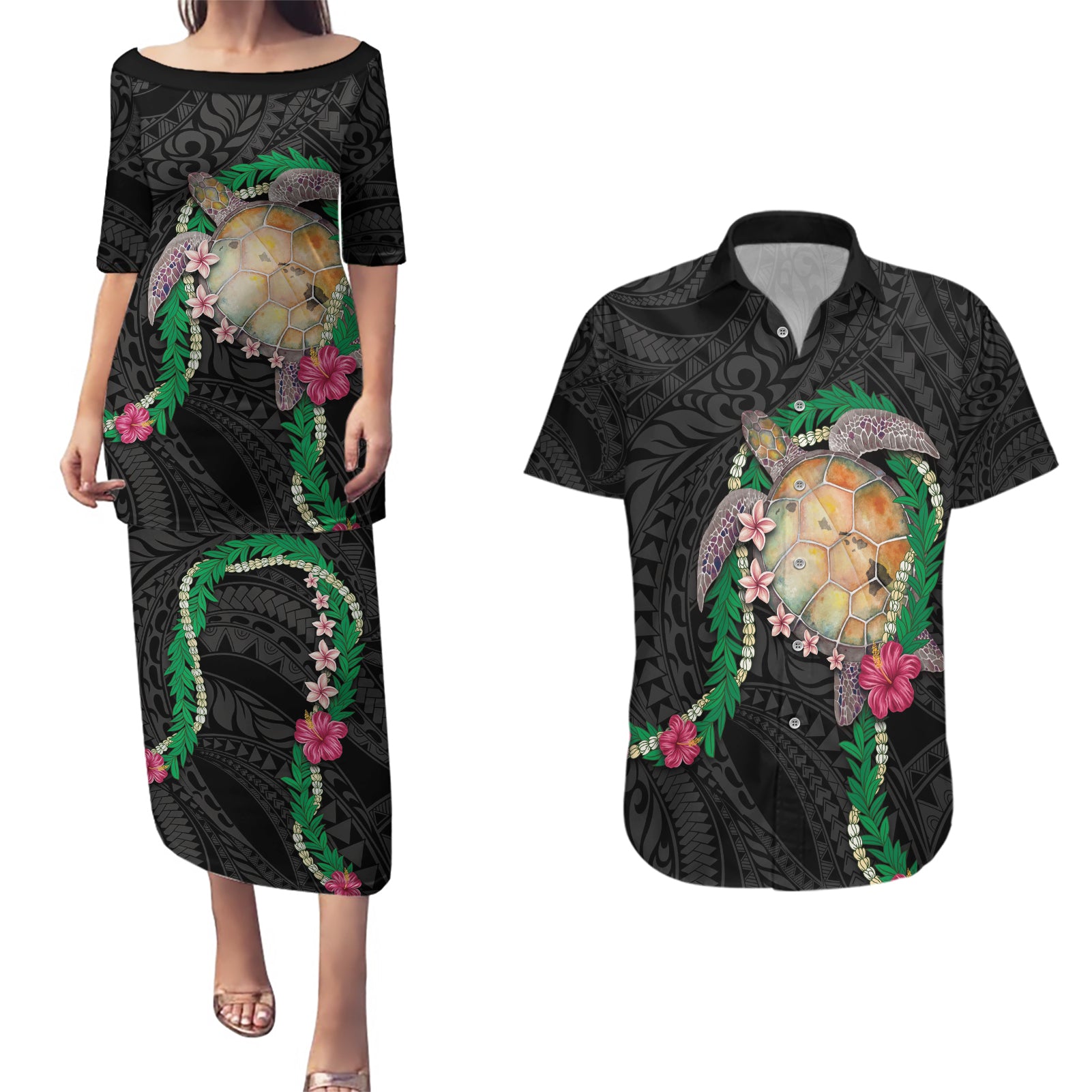 Hawaii Pikake and Maile Lei Couples Matching Puletasi and Hawaiian Shirt Honu Polynesian Pattern Black Color