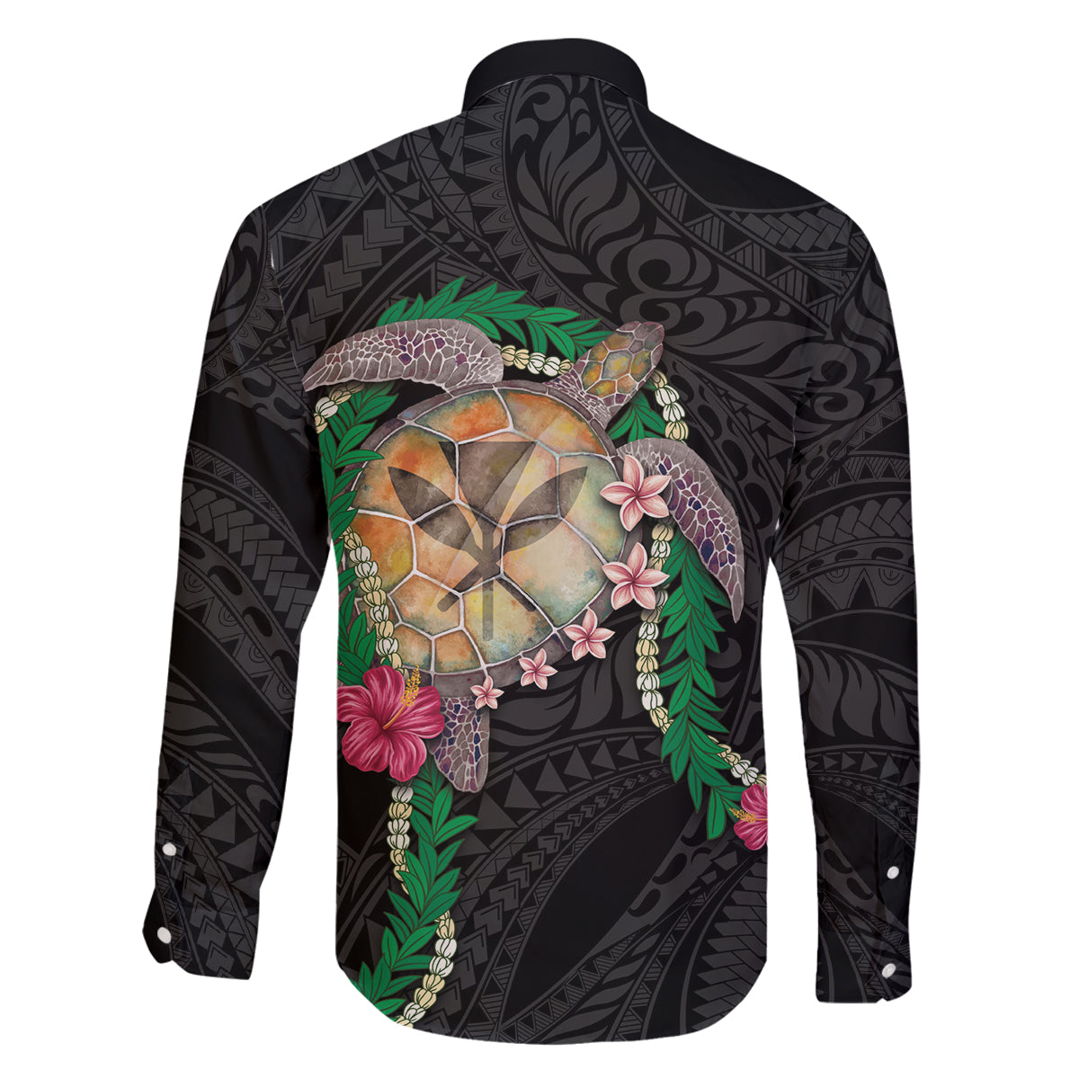 Hawaii Pikake and Maile Lei Family Matching Mermaid Dress and Hawaiian Shirt Honu Polynesian Pattern Black Color