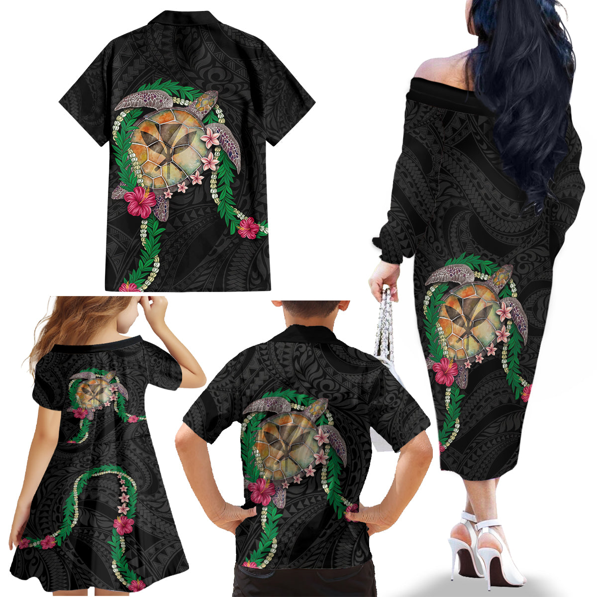 Hawaii Pikake and Maile Lei Family Matching Off The Shoulder Long Sleeve Dress and Hawaiian Shirt Honu Polynesian Pattern Black Color