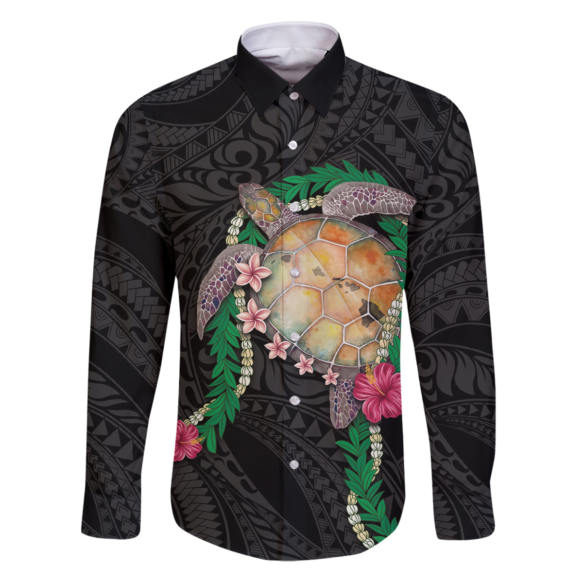 Hawaii Pikake and Maile Lei Family Matching Puletasi and Hawaiian Shirt Honu Polynesian Pattern Black Color