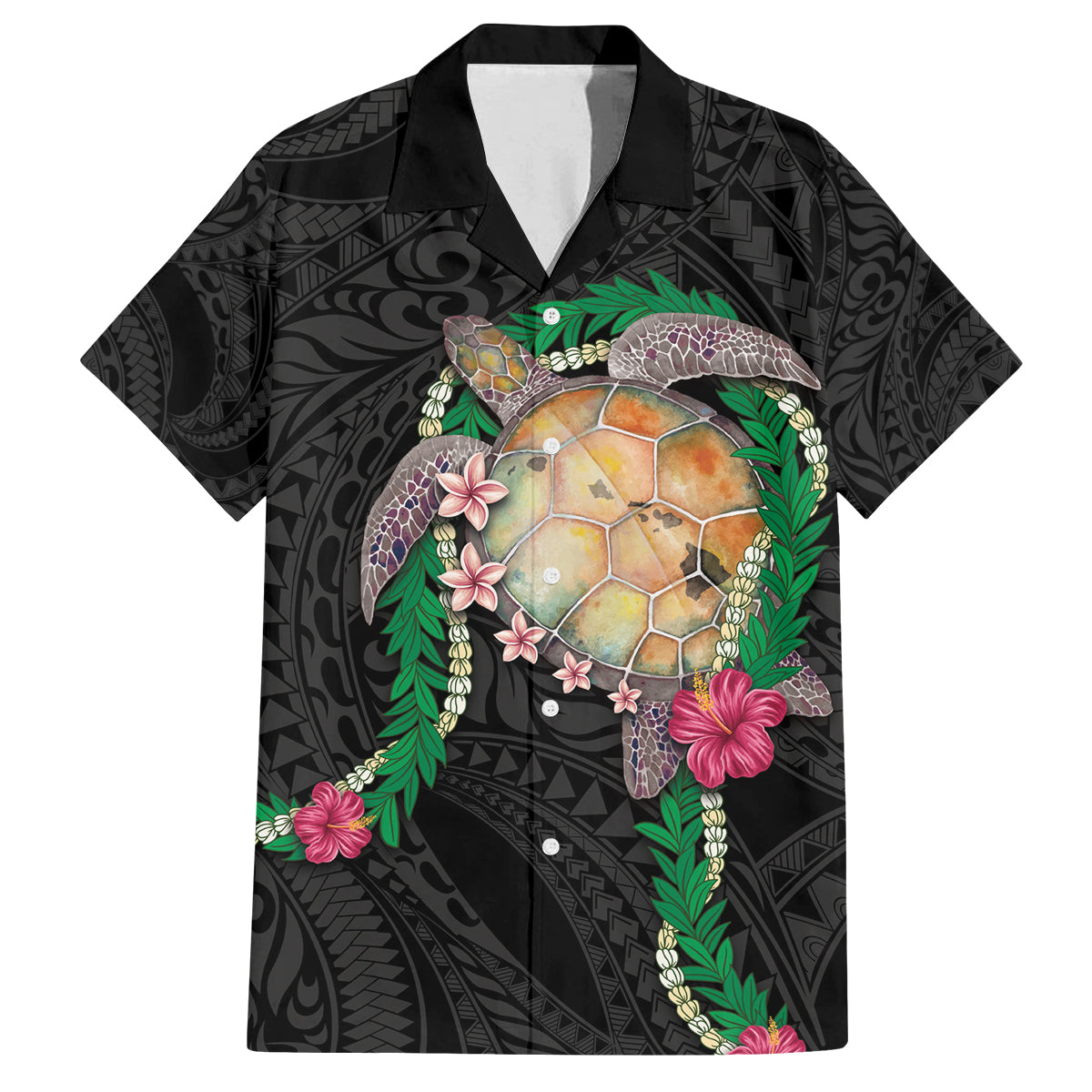 Hawaii Pikake and Maile Lei Family Matching Tank Maxi Dress and Hawaiian Shirt Honu Polynesian Pattern Black Color