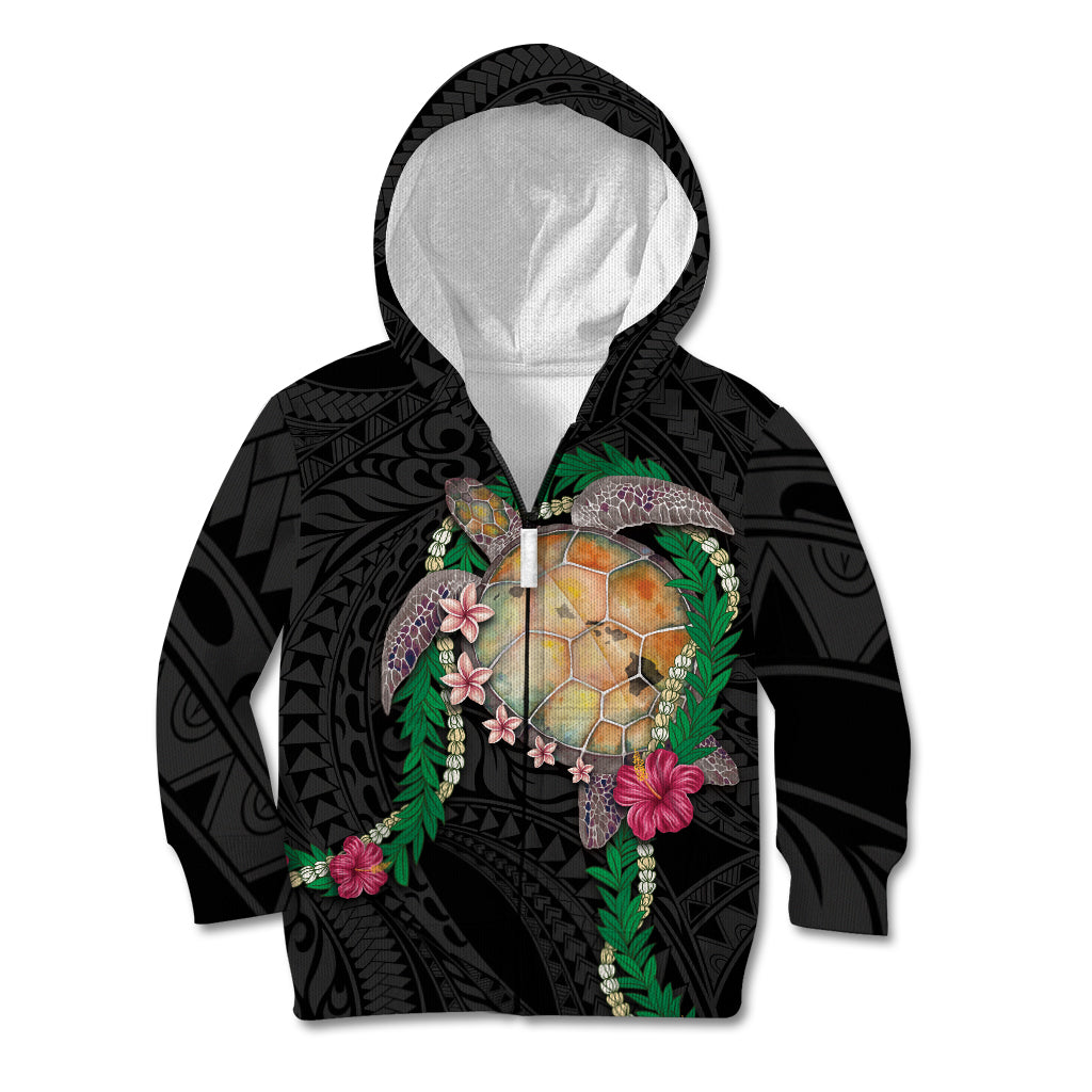Hawaii Pikake and Maile Lei Kid Hoodie Honu Polynesian Pattern Black Color LT03 Zip Hoodie Black - Polynesian Pride