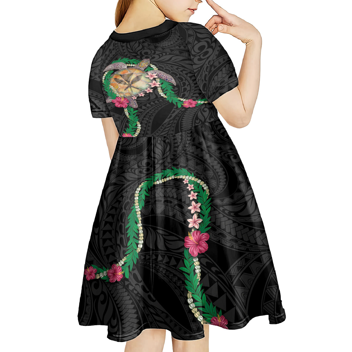 Hawaii Pikake and Maile Lei Kid Short Sleeve Dress Honu Polynesian Pattern Black Color
