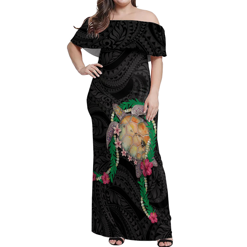 Hawaii Pikake and Maile Lei Off Shoulder Maxi Dress Honu Polynesian Pattern Black Color