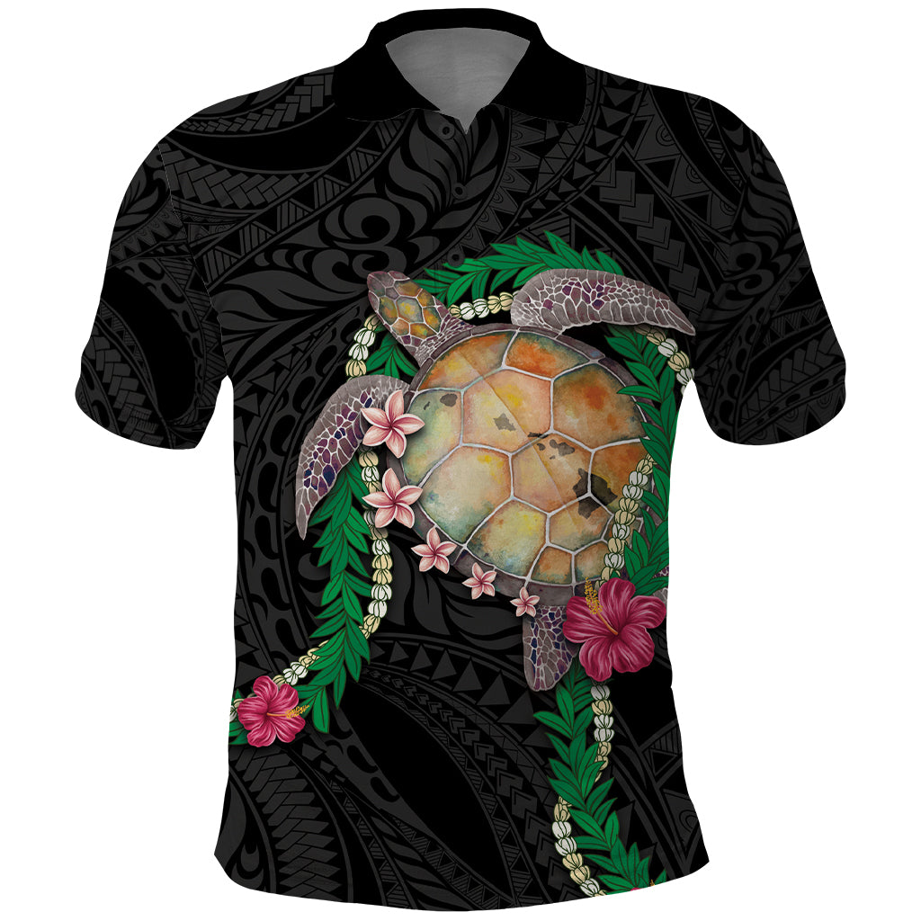Hawaii Pikake and Maile Lei Polo Shirt Honu Polynesian Pattern Black Color