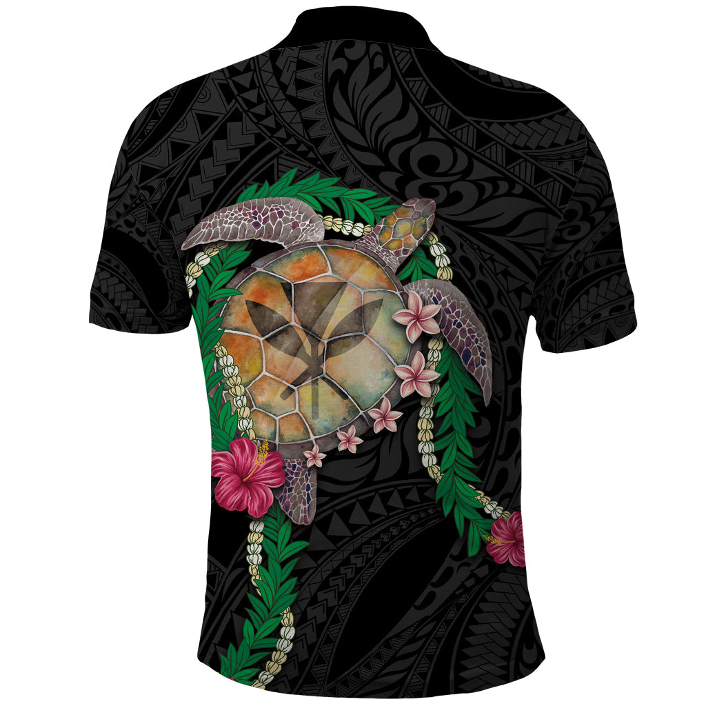 Hawaii Pikake and Maile Lei Polo Shirt Honu Polynesian Pattern Black Color