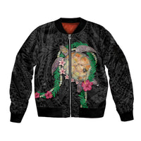 Hawaii Pikake and Maile Lei Sleeve Zip Bomber Jacket Honu Polynesian Pattern Black Color