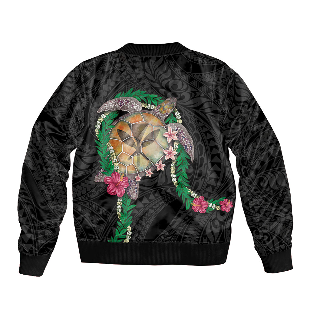 Hawaii Pikake and Maile Lei Sleeve Zip Bomber Jacket Honu Polynesian Pattern Black Color