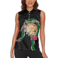 Hawaii Pikake and Maile Lei Women Sleeveless Polo Shirt Honu Polynesian Pattern Black Color