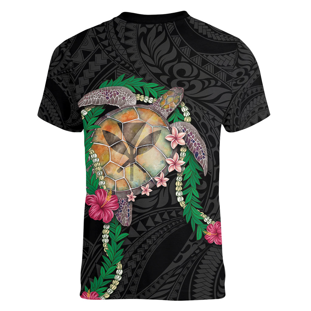Hawaii Pikake and Maile Lei Women V-Neck T-Shirt Honu Polynesian Pattern Black Color
