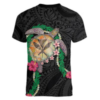 Hawaii Pikake and Maile Lei Women V-Neck T-Shirt Honu Polynesian Pattern Black Color