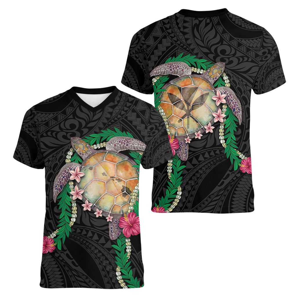 Hawaii Pikake and Maile Lei Women V-Neck T-Shirt Honu Polynesian Pattern Black Color