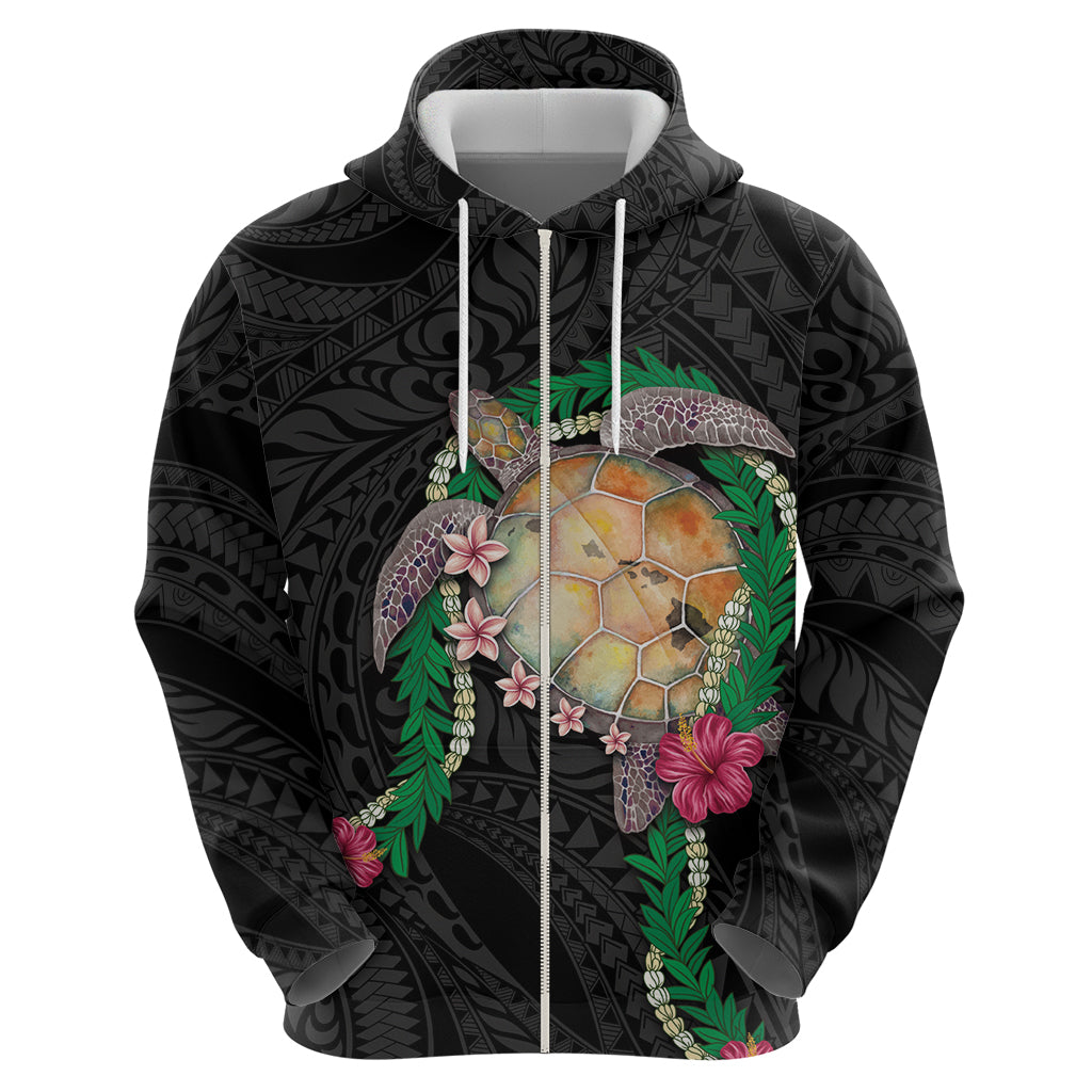 Hawaii Pikake and Maile Lei Zip Hoodie Honu Polynesian Pattern Black Color