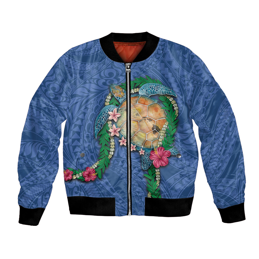 Hawaii Pikake and Maile Lei Bomber Jacket Honu Polynesian Pattern Blue Color