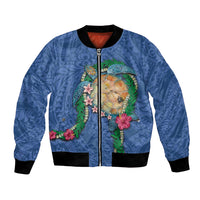 Hawaii Pikake and Maile Lei Bomber Jacket Honu Polynesian Pattern Blue Color