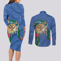 Hawaii Pikake and Maile Lei Couples Matching Long Sleeve Bodycon Dress and Long Sleeve Button Shirt Honu Polynesian Pattern Blue Color