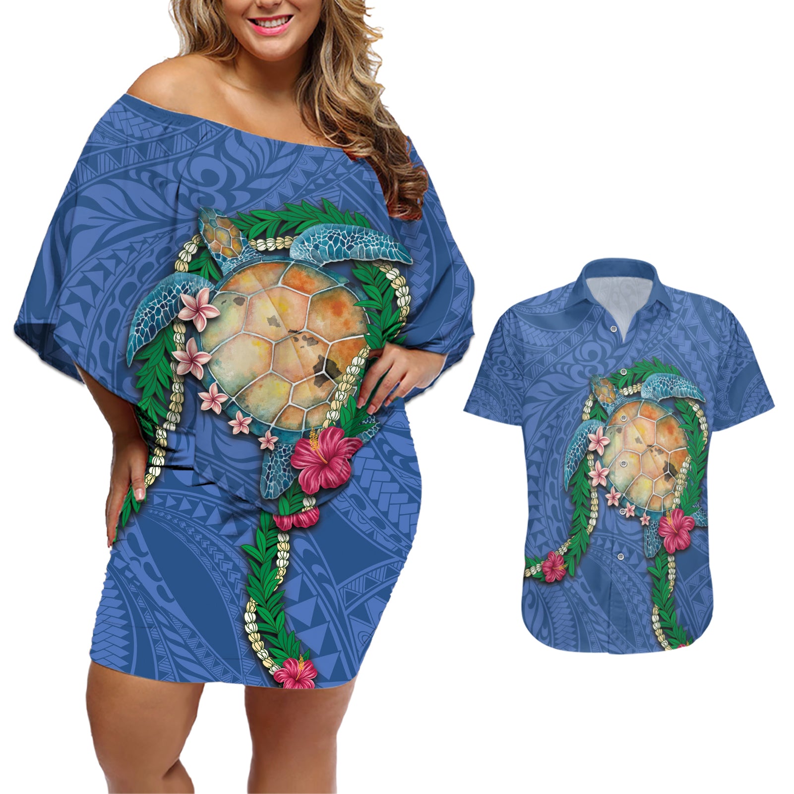 Hawaii Pikake and Maile Lei Couples Matching Off Shoulder Short Dress and Hawaiian Shirt Honu Polynesian Pattern Blue Color