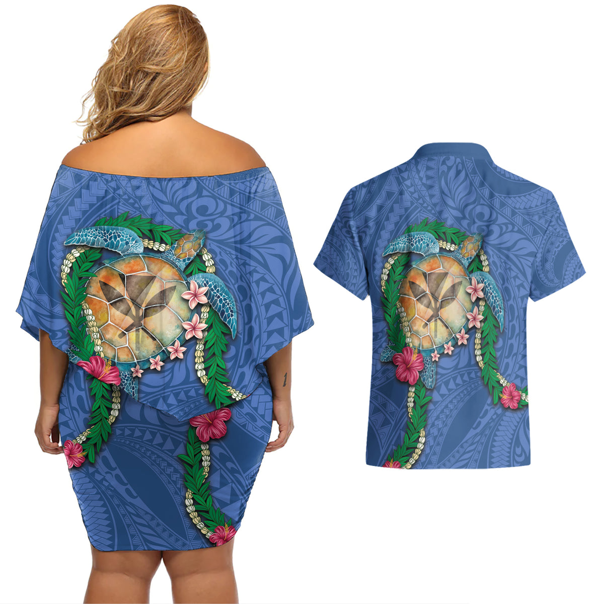 Hawaii Pikake and Maile Lei Couples Matching Off Shoulder Short Dress and Hawaiian Shirt Honu Polynesian Pattern Blue Color