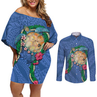 Hawaii Pikake and Maile Lei Couples Matching Off Shoulder Short Dress and Long Sleeve Button Shirt Honu Polynesian Pattern Blue Color