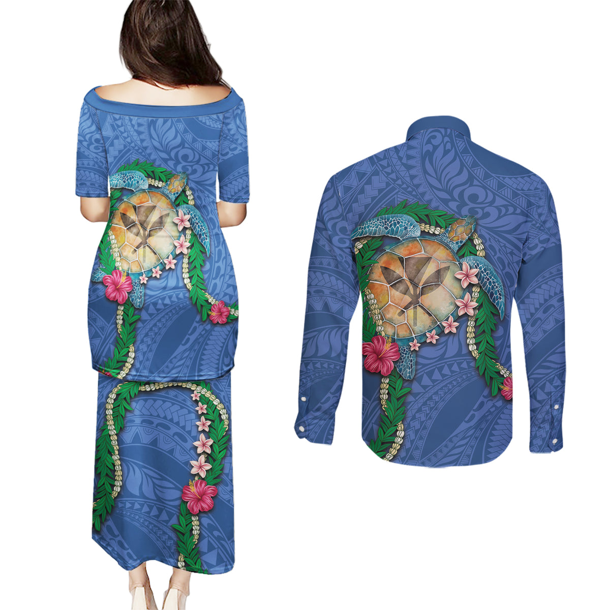 Hawaii Pikake and Maile Lei Couples Matching Puletasi and Long Sleeve Button Shirt Honu Polynesian Pattern Blue Color